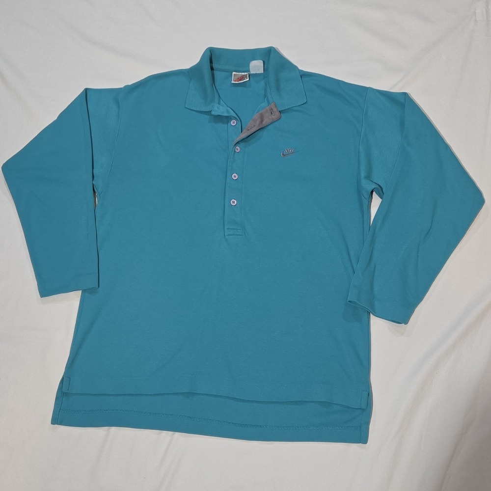 Nike Polo Shirt Mens S Turquoise Excellent Vintage 80s 90s Long Sleeve Teal